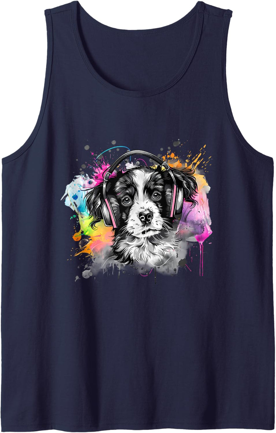 DJ Dog Music Headphones Beatmaker House Music EDM Splash Sleeveless Tank Top - Navy Blue