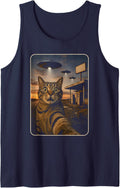 Funny Cat Selfie UFO Alien Meme Tabby Desert Gas Station Sleeveless Tank Top - Navy Blue