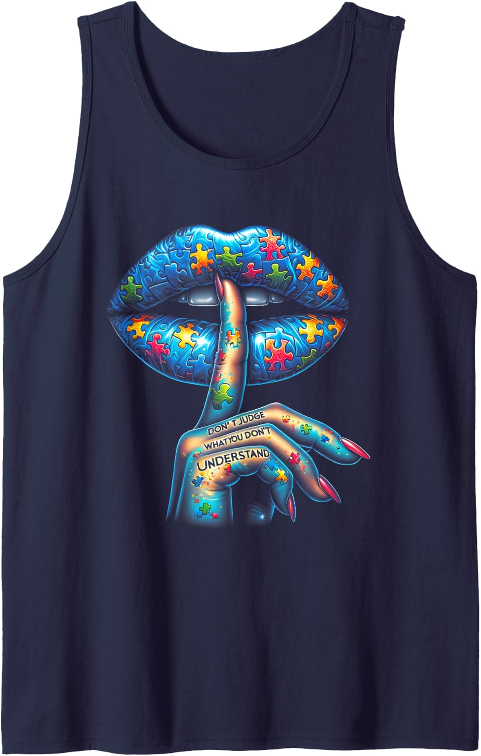 Autism Dripping Lips Puzzle Autism Awareness Women Mom Sleeveless Tank Top - Navy Blue