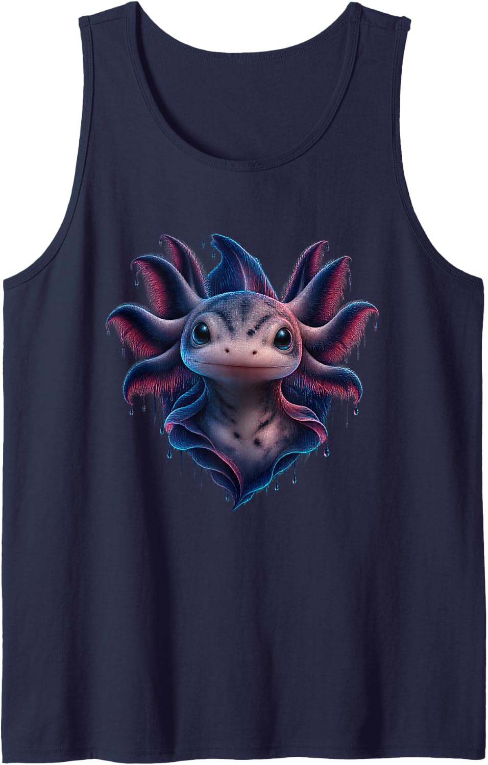 Cute Axolotl with Blue Purple Rain Veil Aquatic Art Sleeveless Tank Top - Navy Blue