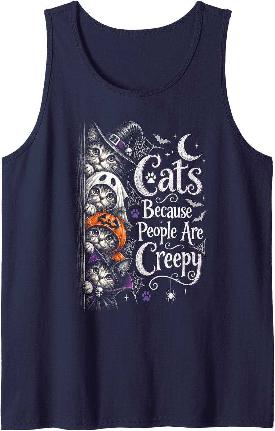 Cats Because People are Creepy Funny Halloween Cat Mom Sleeveless Tank Top - Navy Blue