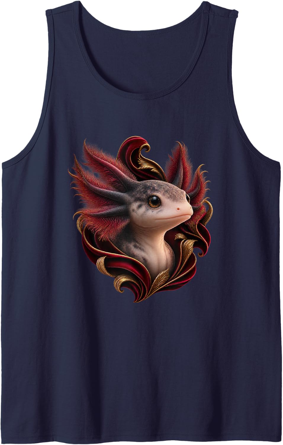 Axolotl with Deep Red Curved Leaves Sleeveless Tank Top - Navy Blue