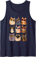 Retro Cats Sunglasses Groovy 70s Cat Mom Cat Lover Sleeveless Tank Top - Navy Blue