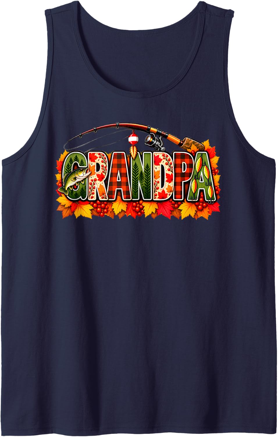 Thanksgiving Fishing Grandpa Fall Autumn Bass Birthday Sleeveless Tank Top - Navy Blue