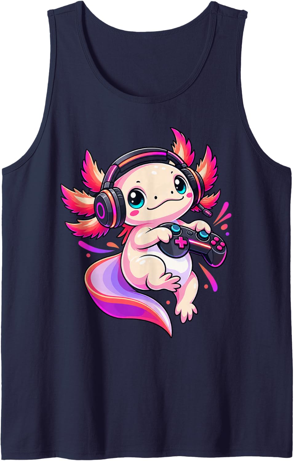 Kawaii Axolotl Gamer Mascot with Controller Sleeveless Tank Top - Navy Blue