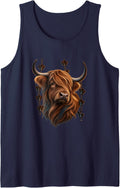 Highland Cow with Amber Lantern Chains Rustic Animal Art Sleeveless Tank Top - Navy Blue