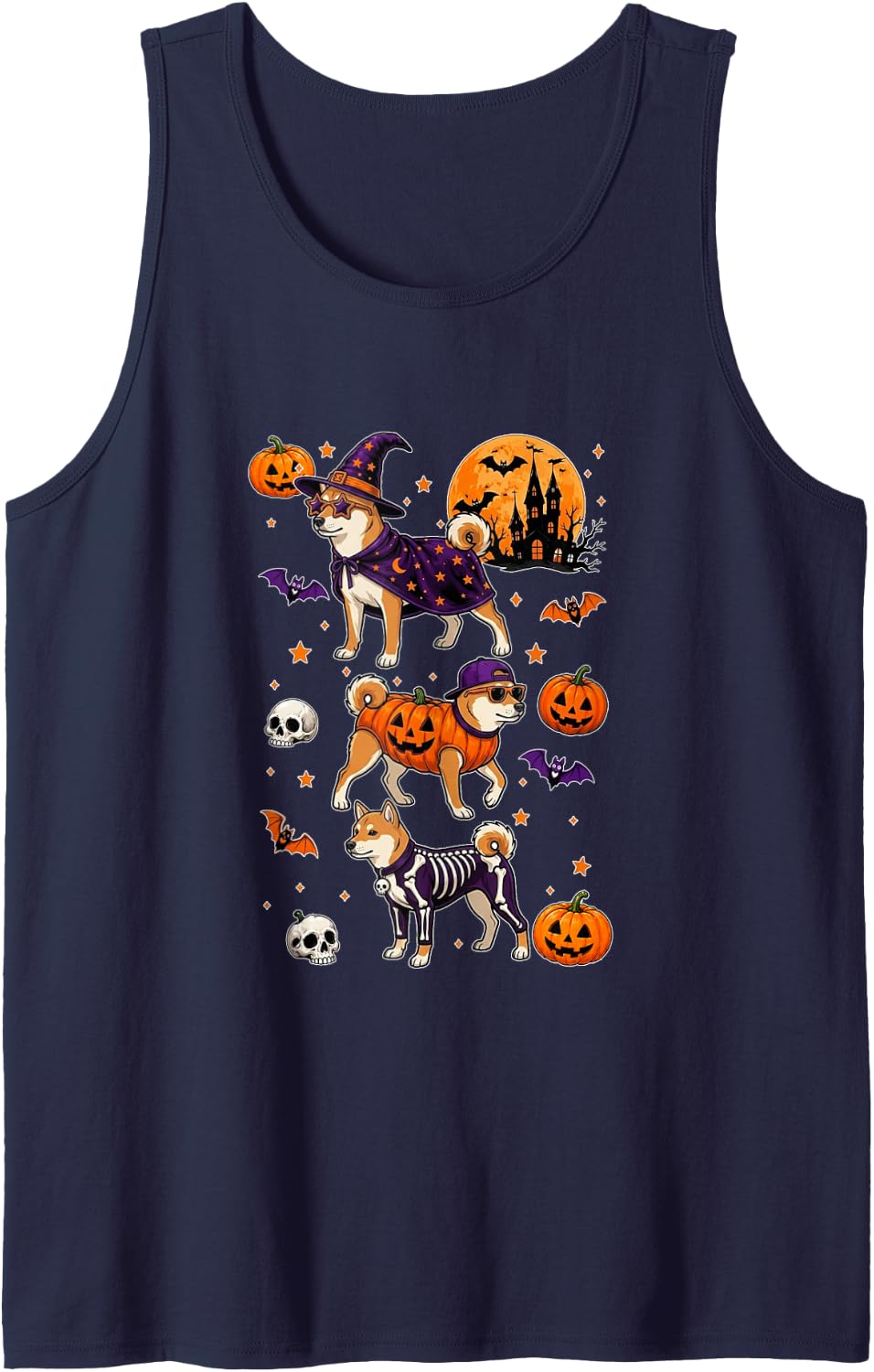 Three Cute Shiba Inus Cosplay Witch Skeleton Halloween Owner Tank Top - Navy Blue