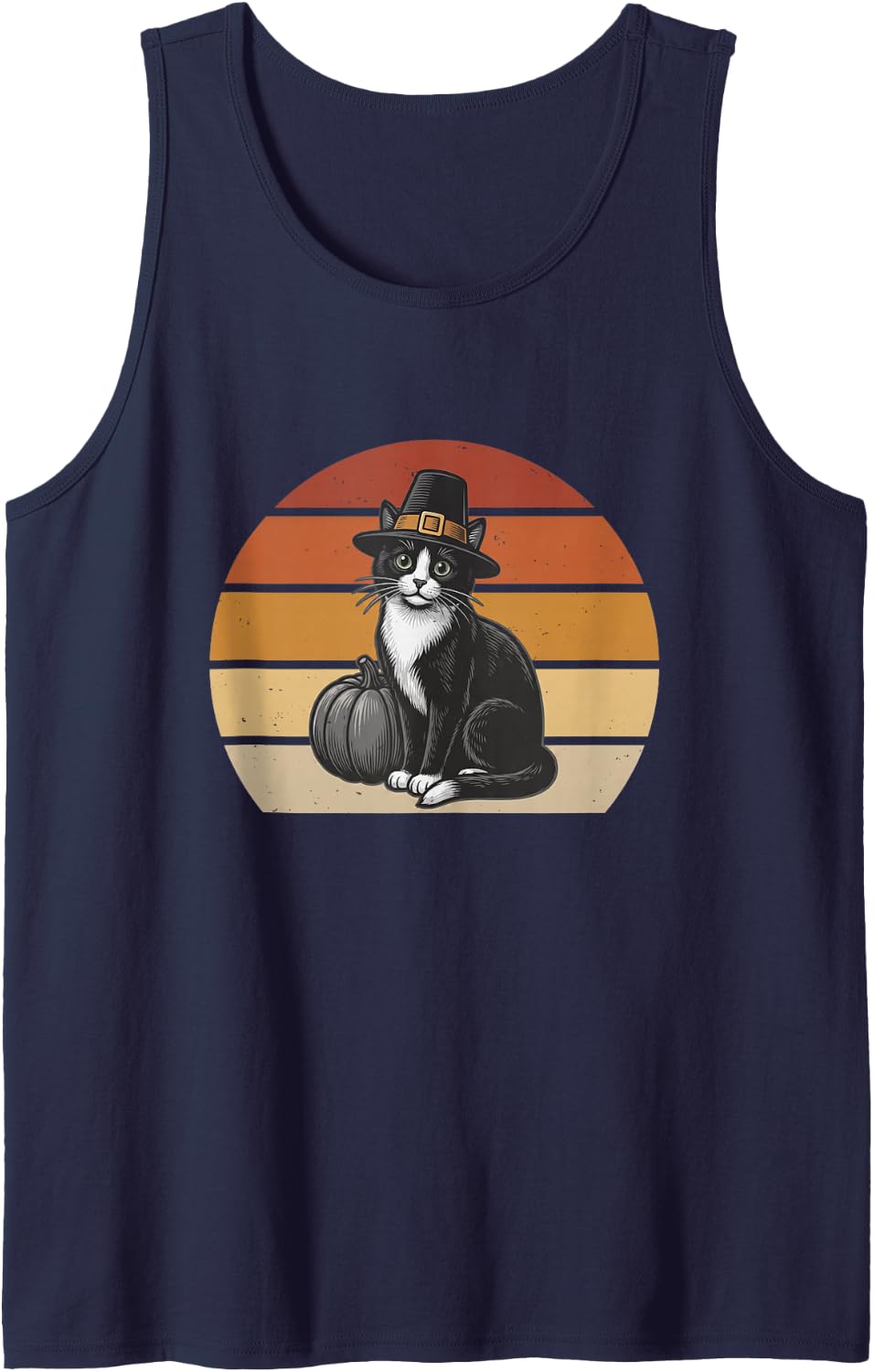 Tuxedo Cat Pilgrim Thanksgiving Pumpkin Fall Cute Kitty Mom Sleeveless Tank Top - Navy Blue
