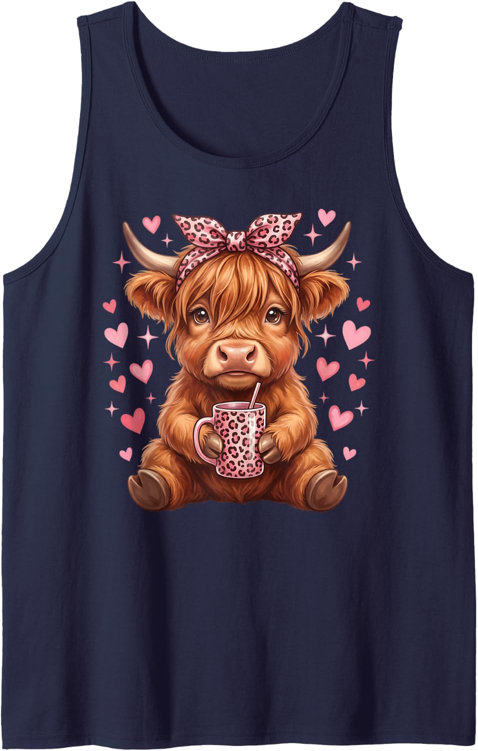 Highland Cow Coffee Women Coquette Bow Cute Sleeveless Tank Top - Navy Blue