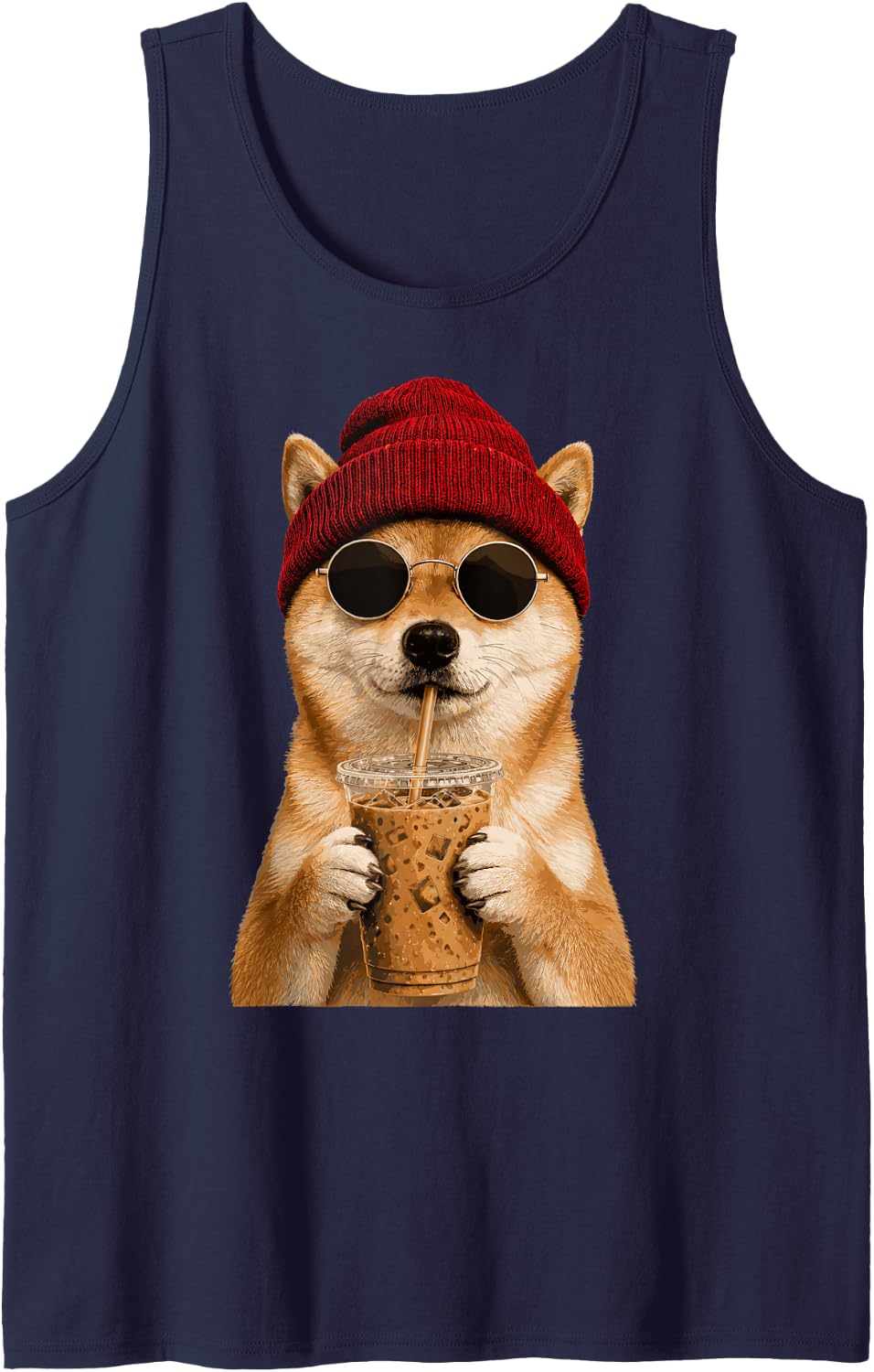 Shiba Inu Dog Hipster Iced Coffee Funny Shiba Inu Sleeveless Tank Top - Navy Blue