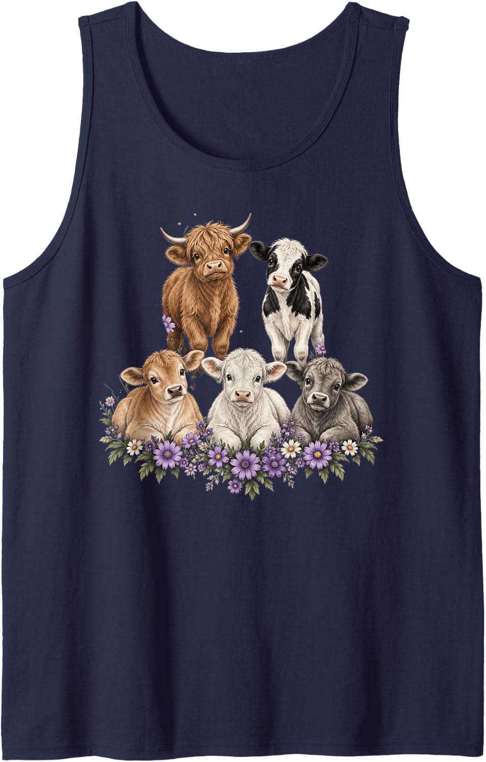 Highland Cow Calf Farm Animals Floral Sleeveless Tank Top - Navy Blue