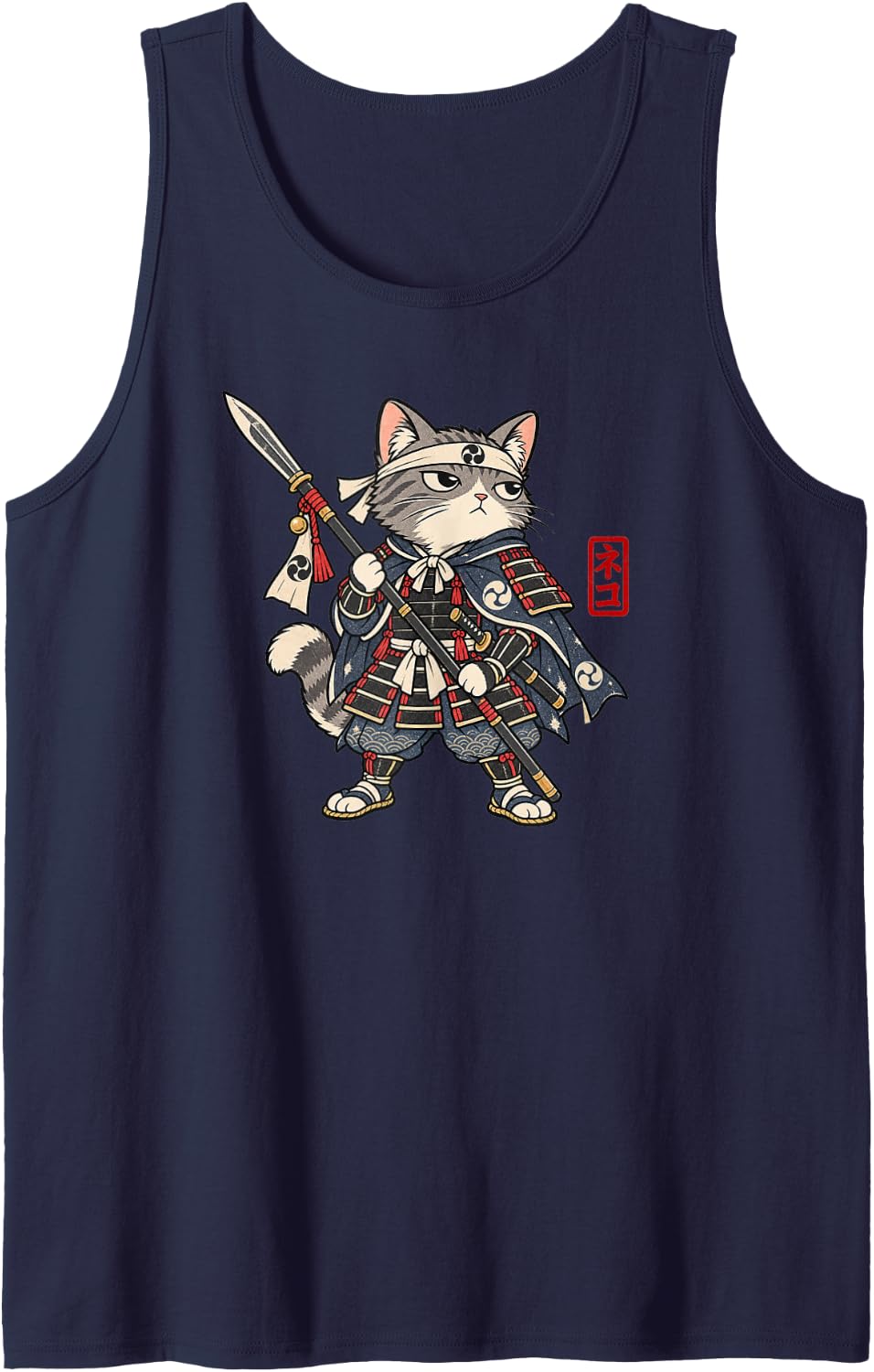 A serious Tuxedo cat Appears as a Warrior Monk, gripping a c Sleeveless Tank Top - Navy Blue