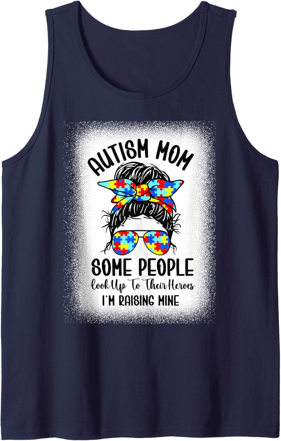 Autism Mom Raising Hero Messy Bun Autism Awareness Day Women Tank Top - Navy Blue