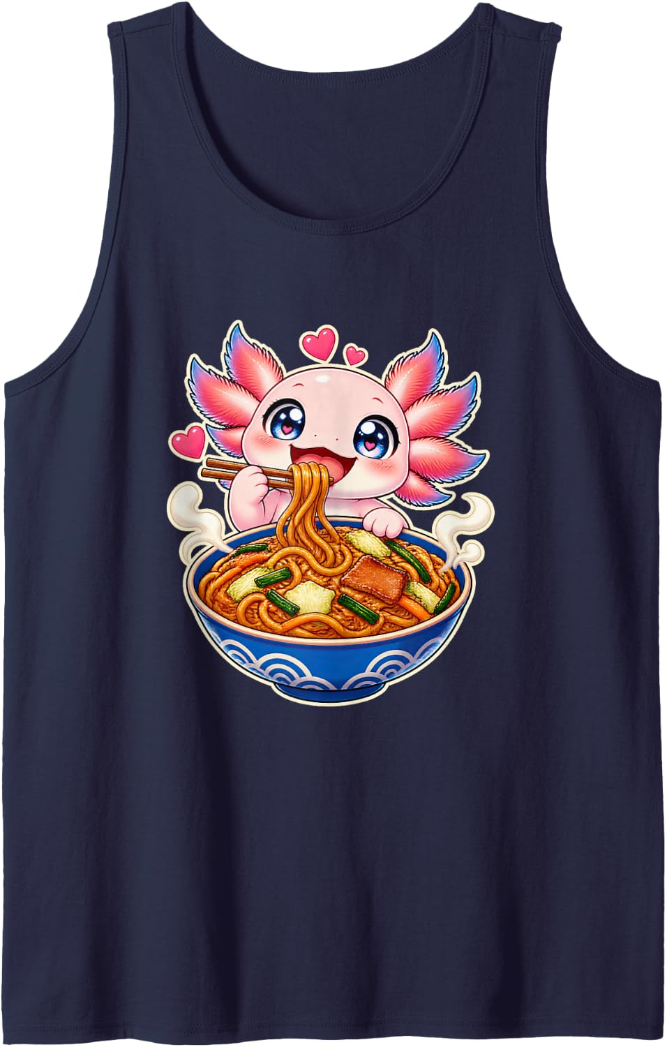 Axolotl with Yakisoba Noodles and Cobalt Patterned Bowl Sleeveless Tank Top - Navy Blue