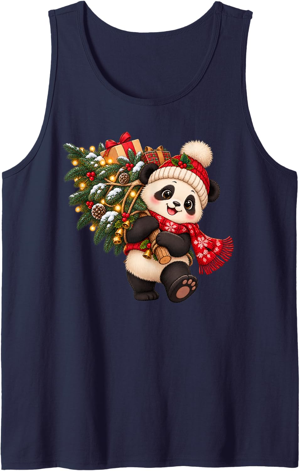 Funny Panda Santa Hat Christmas Tree Lights Xmas PJS Kids T Sleeveless Tank Top - Navy Blue
