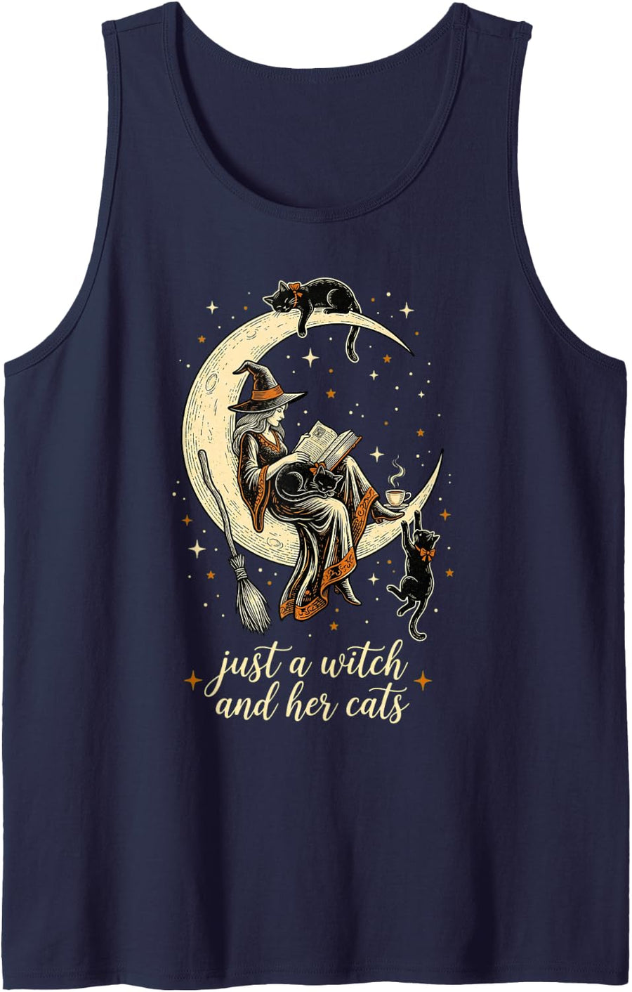 Just a Witch and Her Cats Witchy Crescent Moon Reading Women Sleeveless Tank Top - Navy Blue