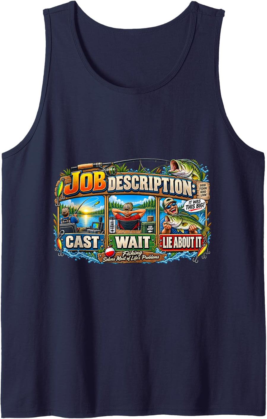 Job Description Cast Wait Lie About It Fishing Humor Sleeveless Tank Top - Navy Blue