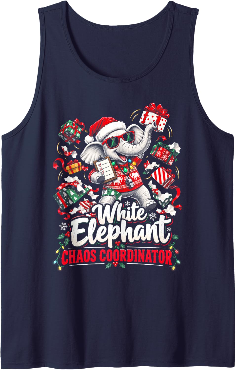 White Elephant Chaos Coordinator Funny Christmas Sleeveless Tank Top - Navy Blue