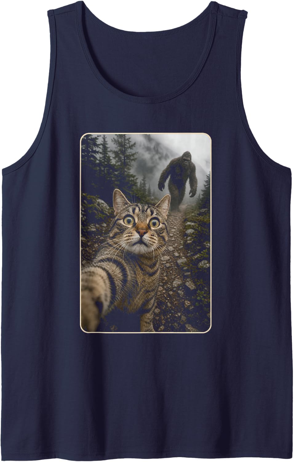 Funny Cat Selfie Bigfoot Sasquatch Cute Tabby Graphic Sleeveless Tank Top - Navy Blue