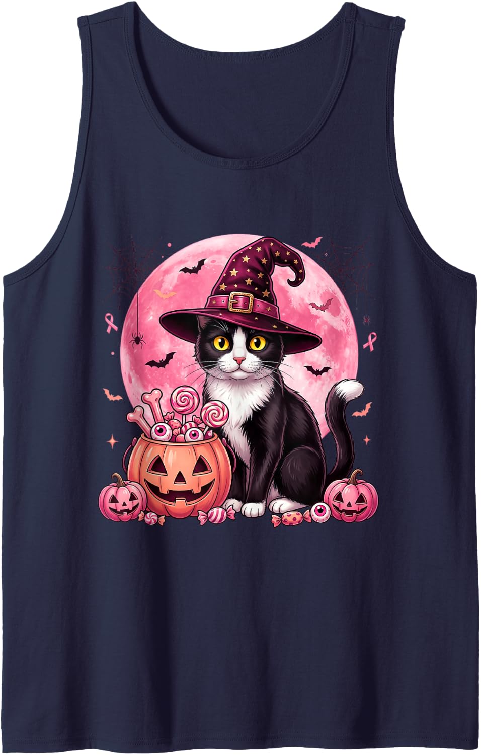 Tuxedo Cat Halloween Pink Pumpkin Candy Sleeveless Tank Top - Navy Blue