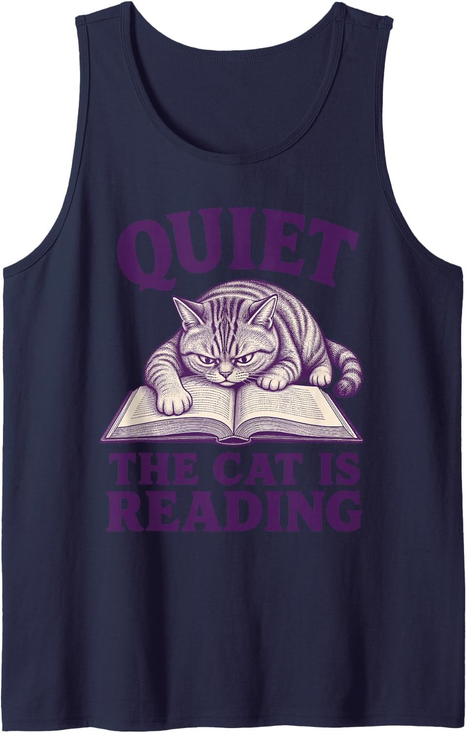 Quiet the Cat is Reading Cat Mom Reader Sleeveless Tank Top - Navy Blue