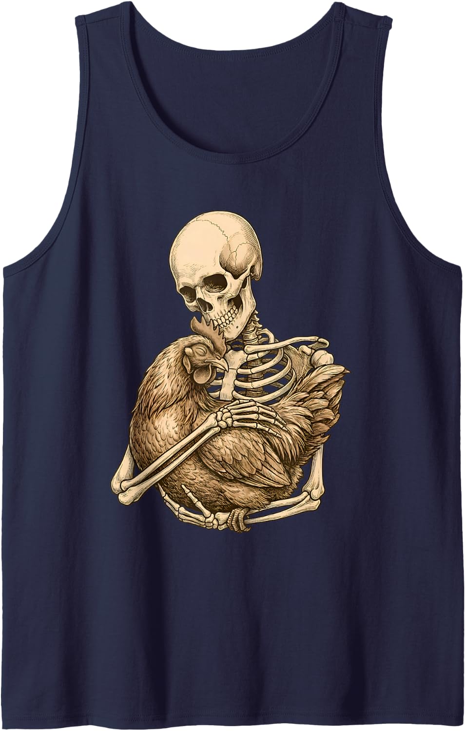 Skeleton Hugging Chicken Funny Spooky Farmer Present Sleeveless Tank Top - Navy Blue