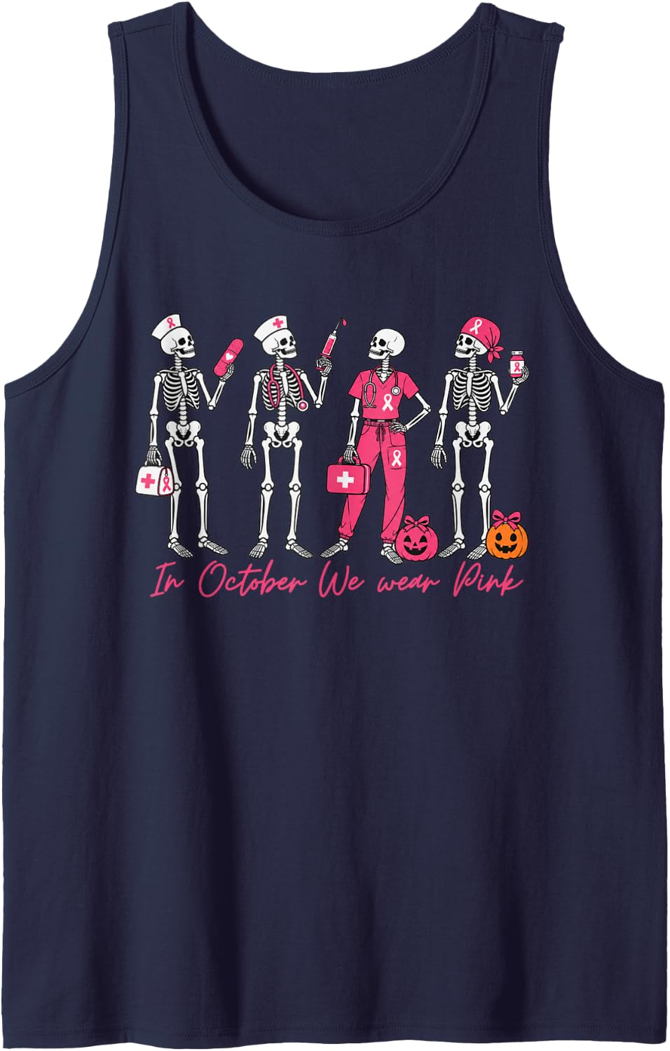 October We Wear Pink Skeleton Nurse Breast Cancer Awareness Sleeveless Tank Top - Navy Blue