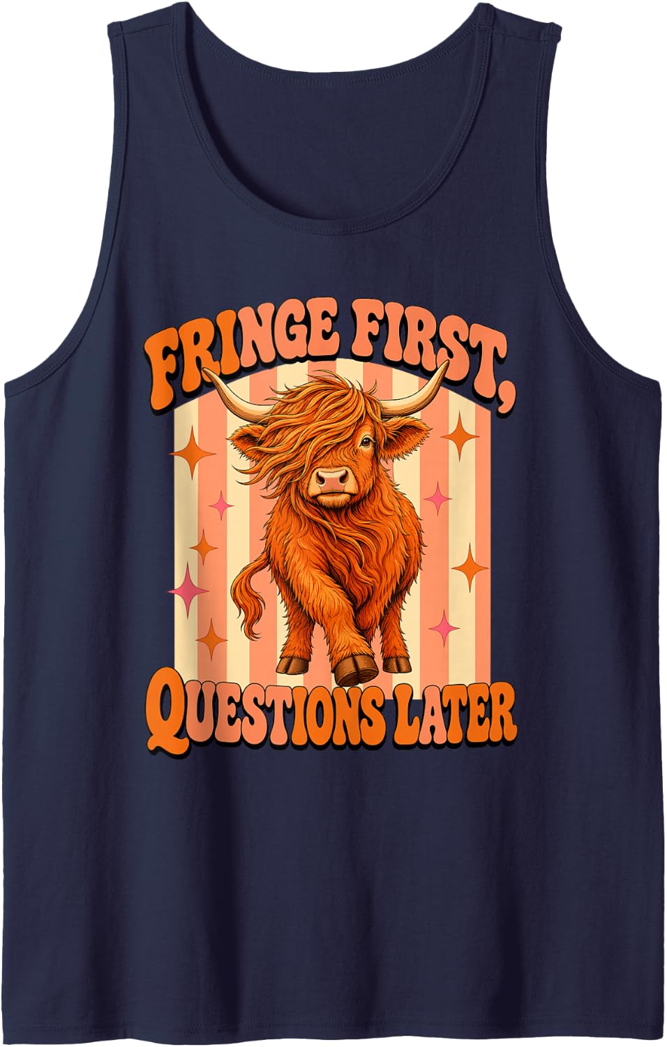Fringe First Questions Later Highland Cow Sleeveless Tank Top - Navy Blue