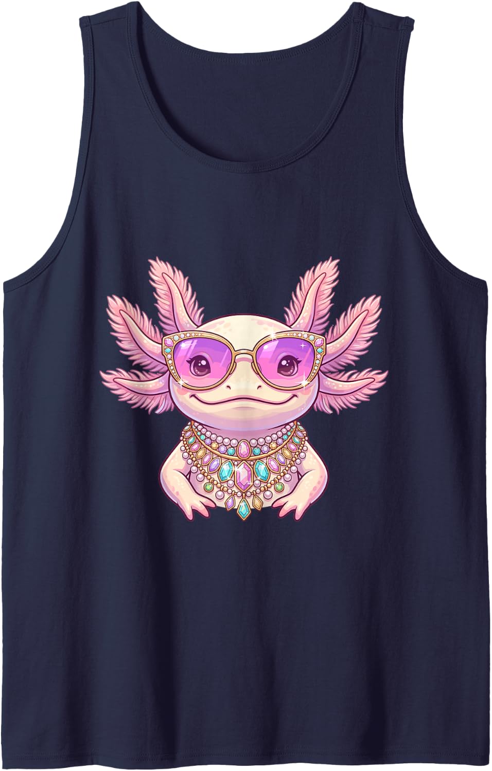 Cute Axolotl Jeweled Sunglasses Kawaii Amphibian Art Sleeveless Tank Top - Navy Blue