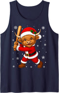 Cute Festive Baseball Christmas Highland Cow Sleeveless Tank Top - Navy Blue