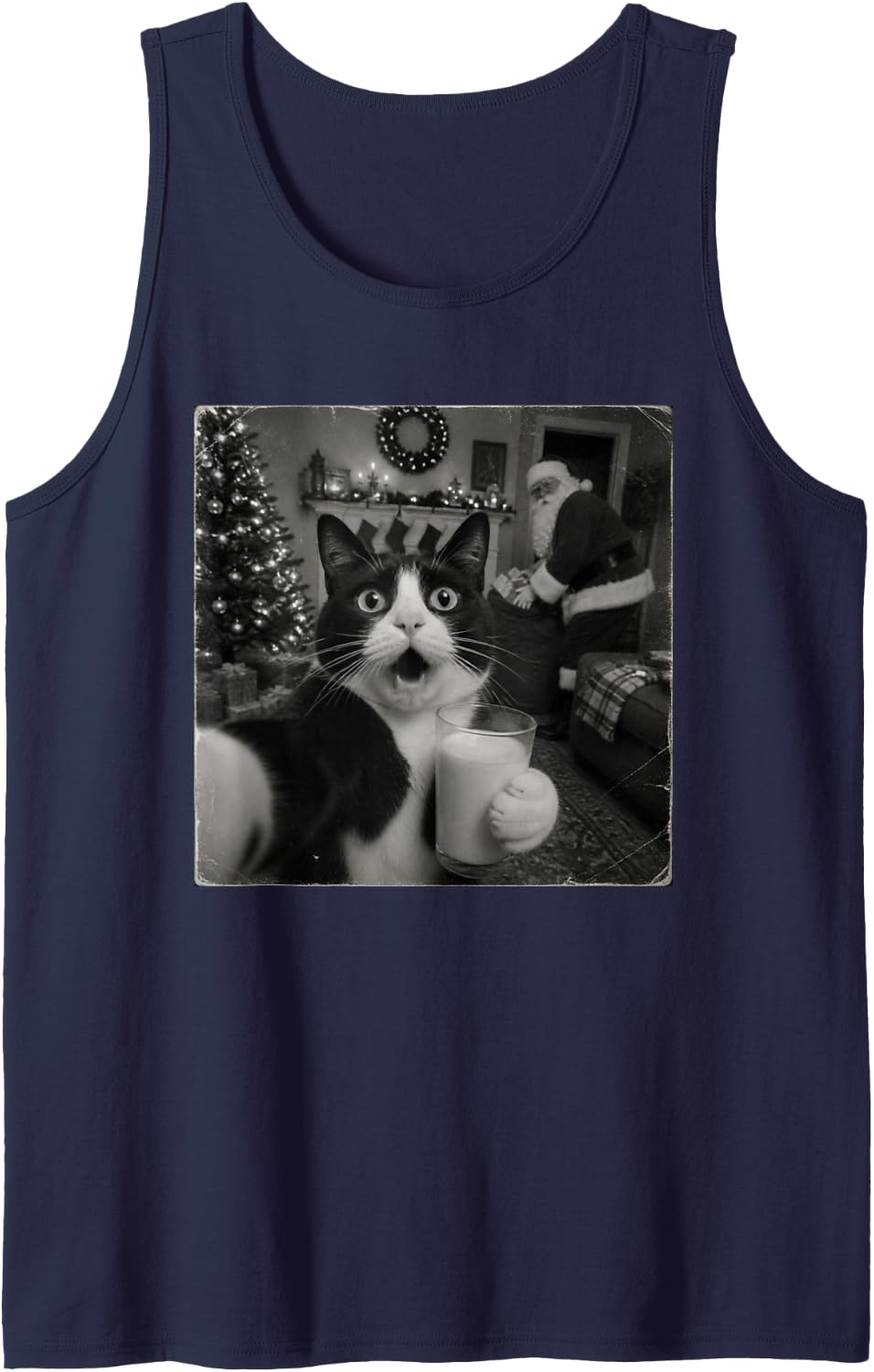 Funny Christmas Tuxedo Cat Sleeveless Tank Top - Navy Blue
