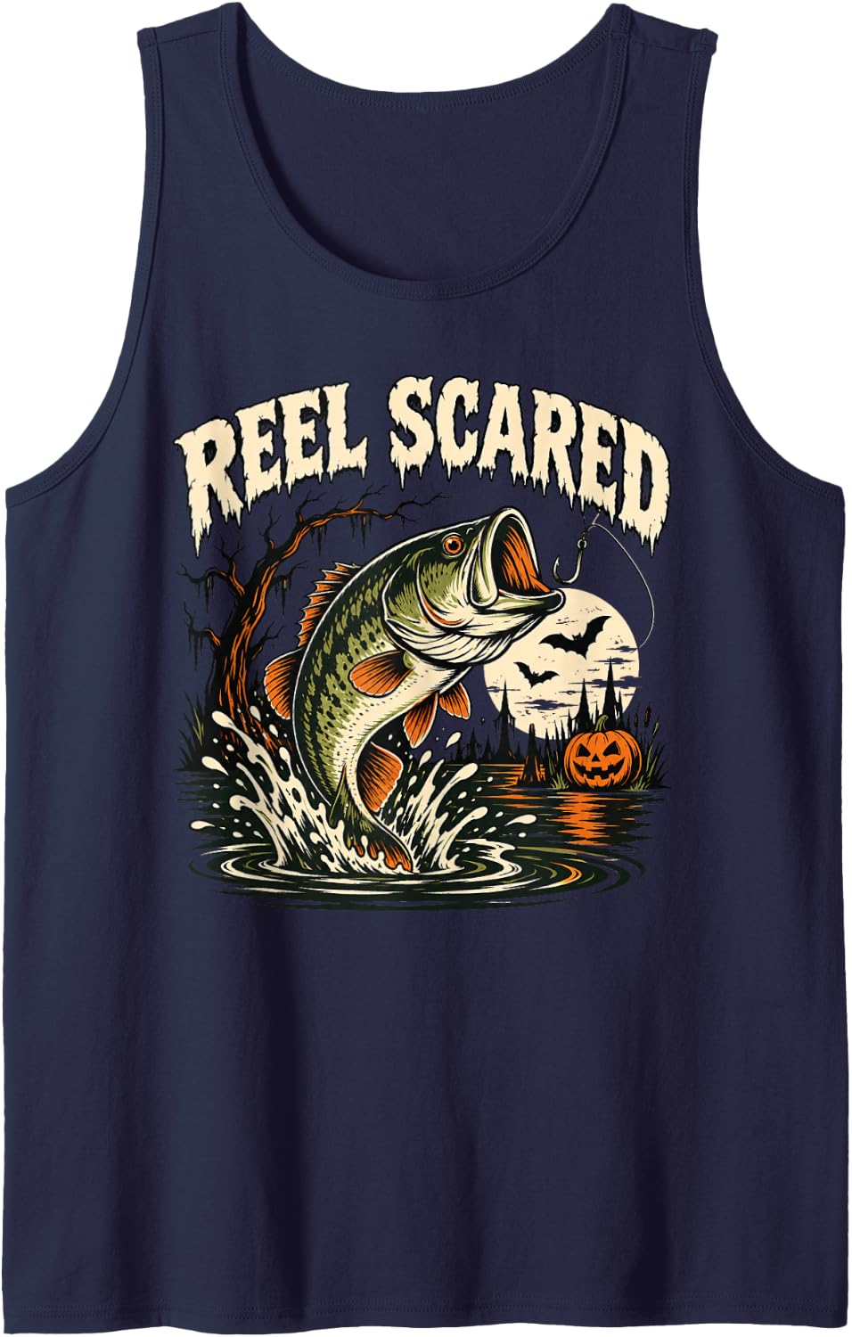 Reel Scared Halloween Bass Fishing Spooky Angler Costume Sleeveless Tank Top - Navy Blue