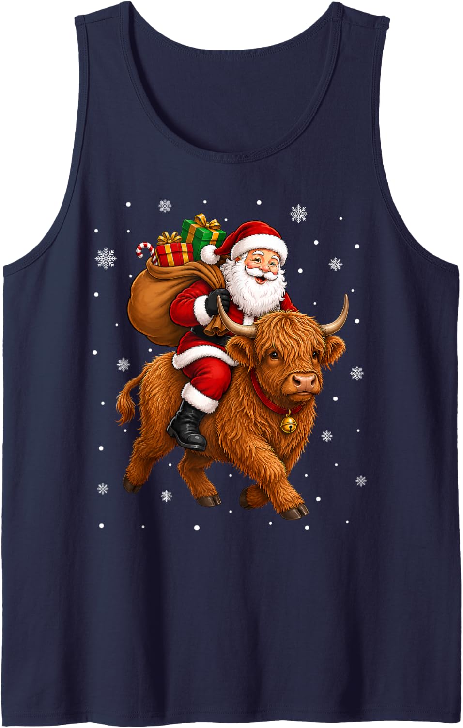 Festive Holiday Funny Santa Riding Highland Cow Christmas Sleeveless Tank Top - Navy Blue
