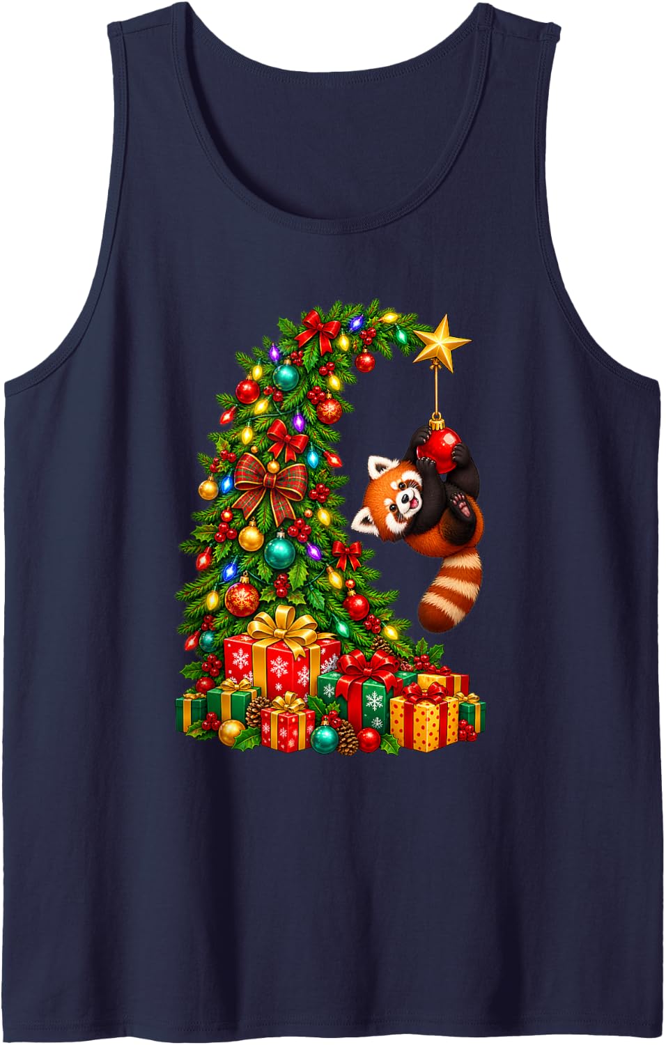 Funny Red Panda Hanging Christmas Tree Ornament Sleeveless Tank Top - Navy Blue