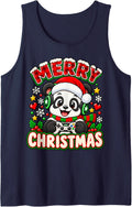 Merry Christmas Festive Panda Gamer Holiday Graphic Sleeveless Tank Top - Navy Blue