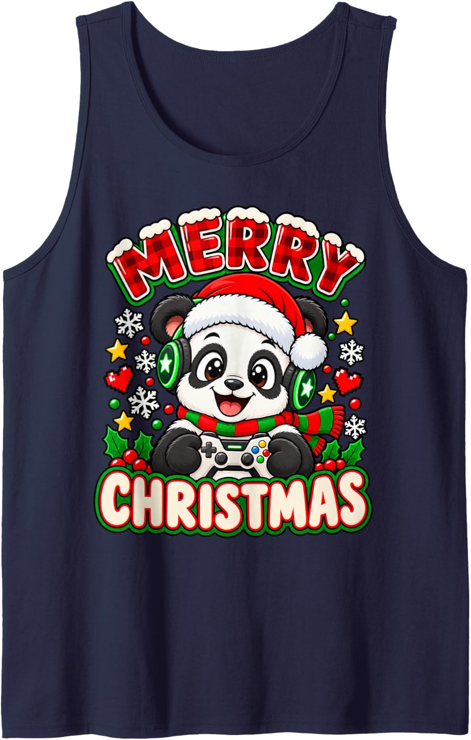 Merry Christmas Festive Panda Gamer Holiday Graphic Sleeveless Tank Top - Navy Blue