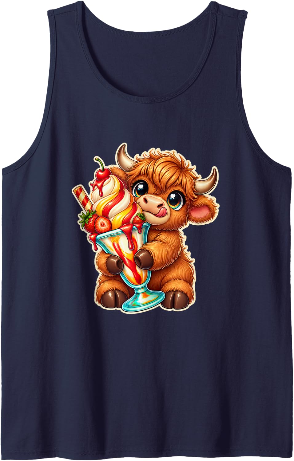 Highland Cow with a Swirled Dessert Sleeveless Tank Top - Navy Blue