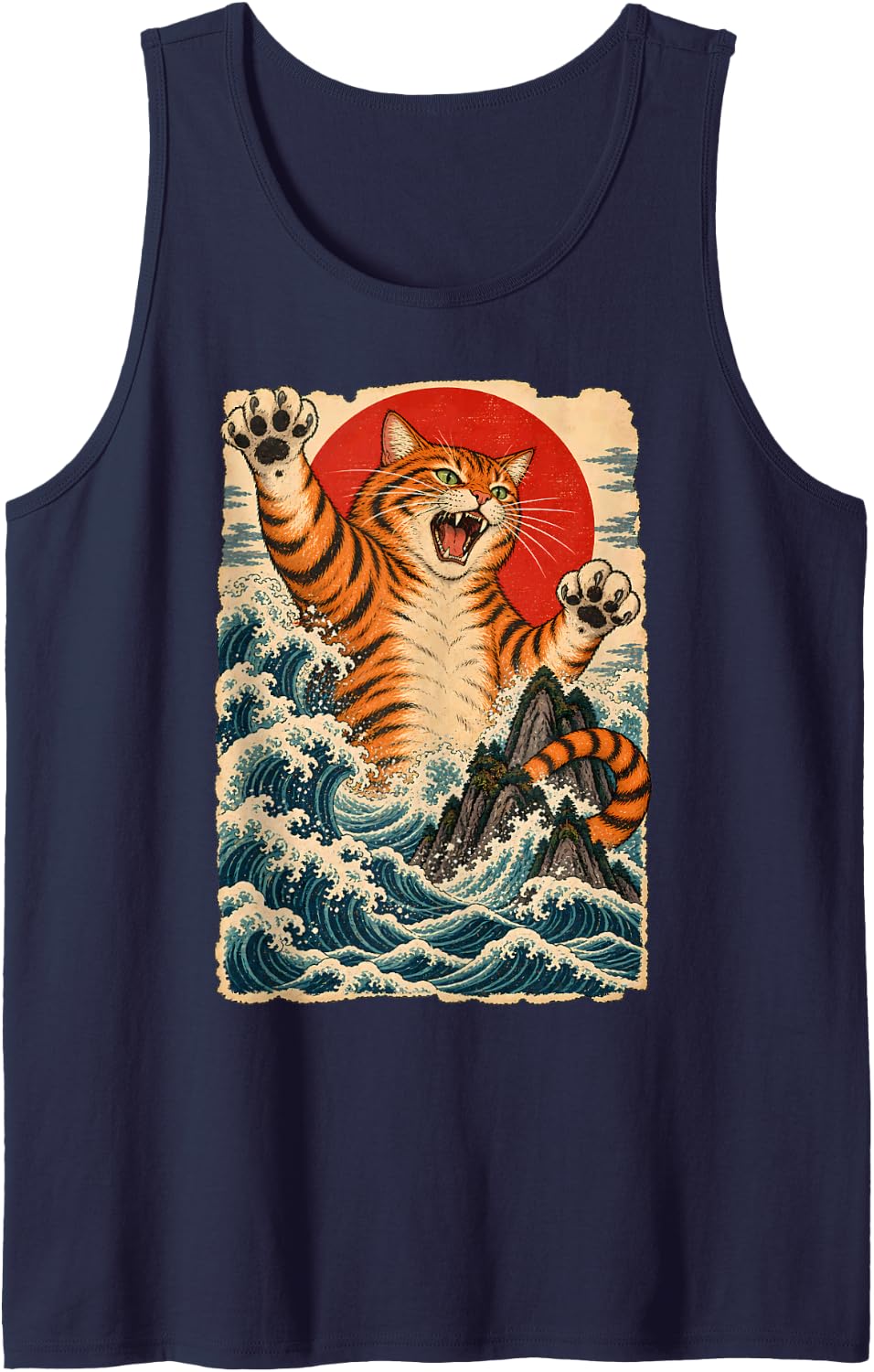 Giant Orange Tabby Cat Japanese Waves Vintage Ocean Fantasy Sleeveless Tank Top - Navy Blue