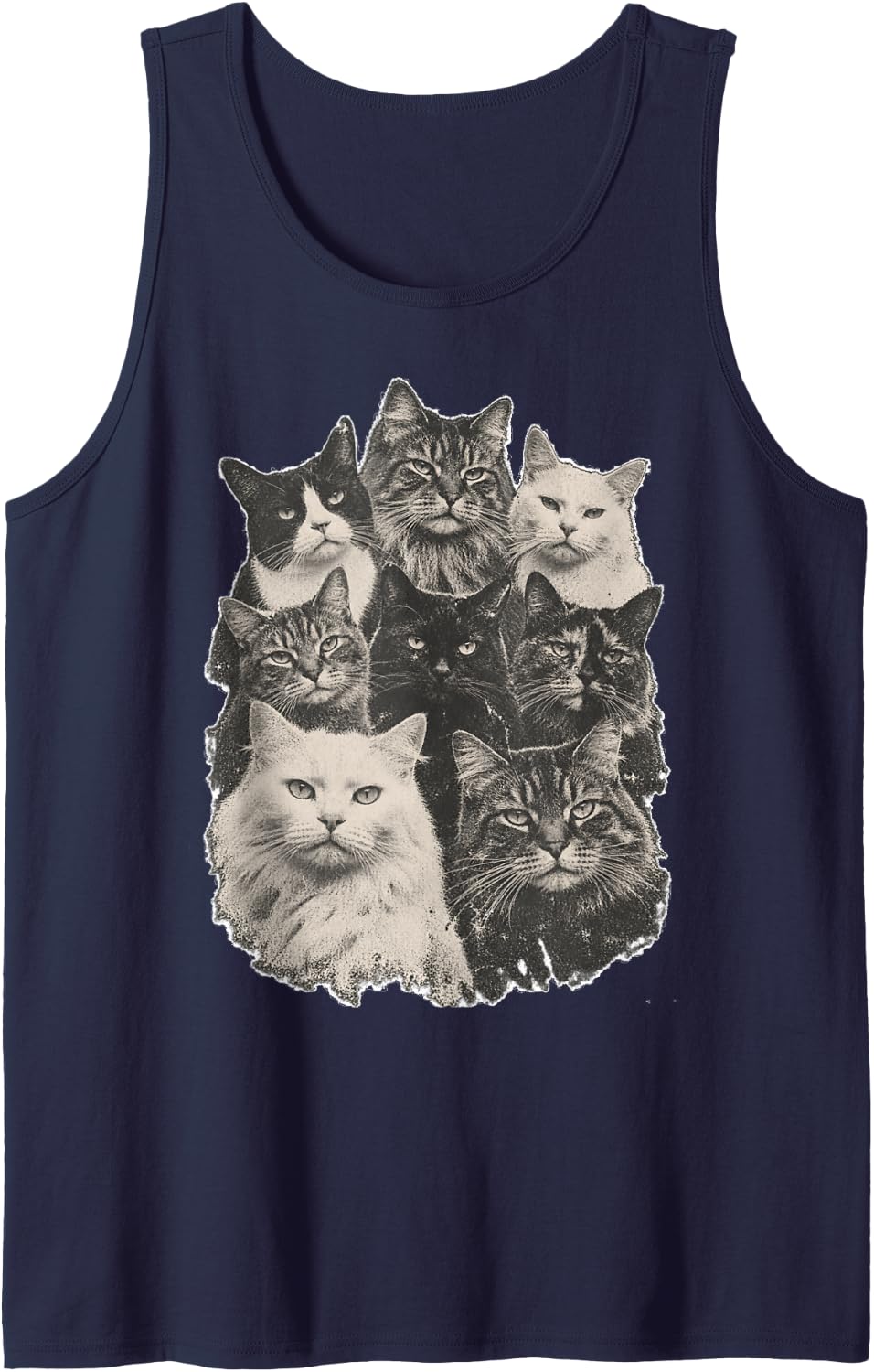 Longhair Cat Group Faded Vintage Moody Cat Collage Art Sleeveless Tank Top - Navy Blue