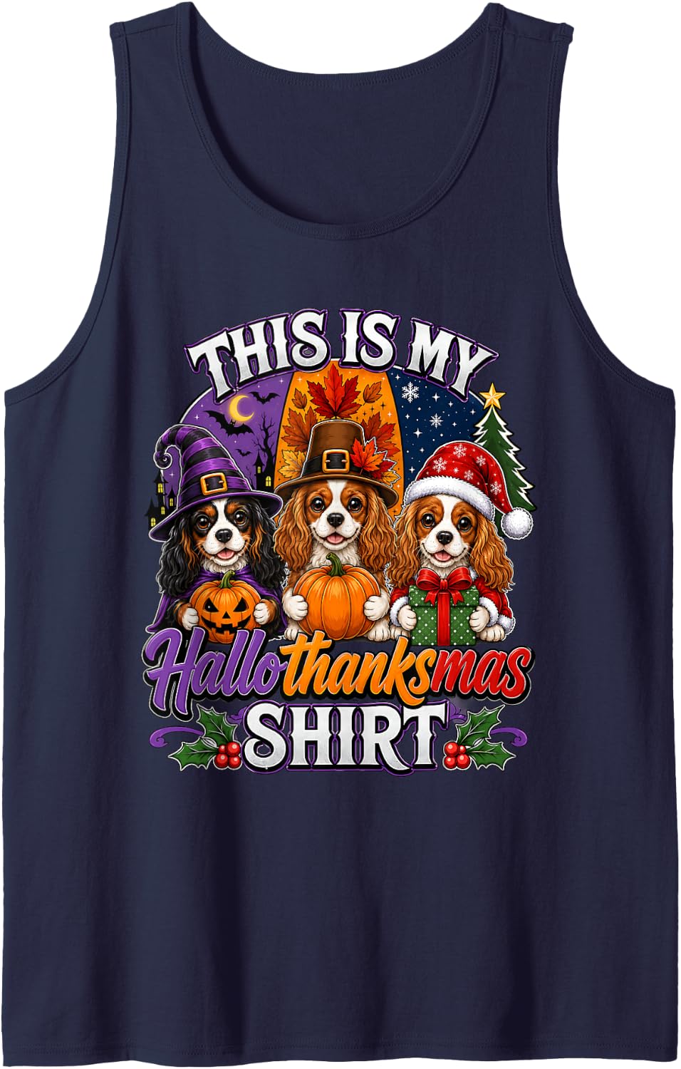 Hallothanksmas Cavalier King Charles Spaniel Dog Lovers Sleeveless Tank Top - Navy Blue