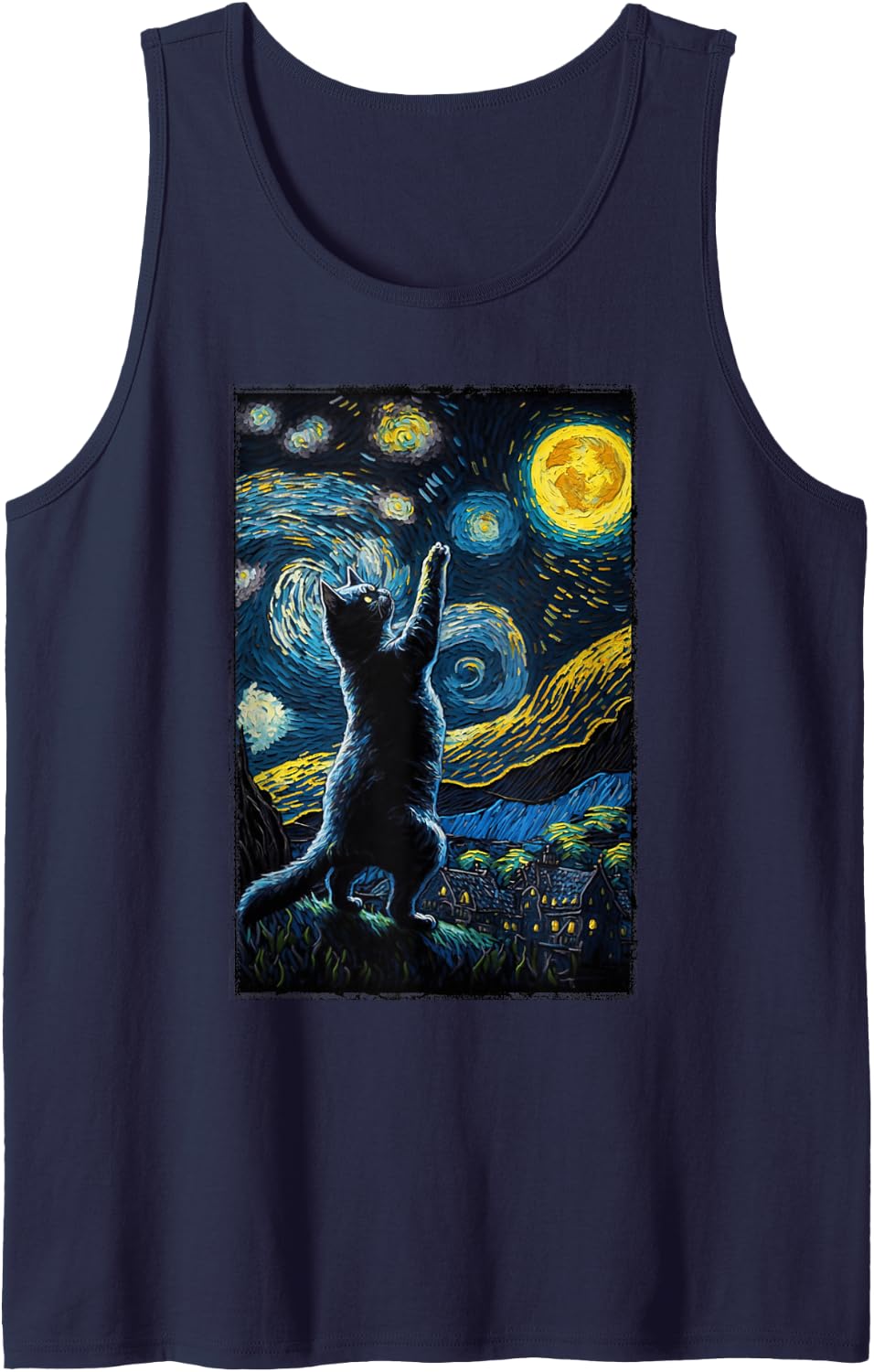 Starry Night Cat Van Gogh Style Cat Lovers, Cat Mom, Cat Dad Tank Top - Navy Blue