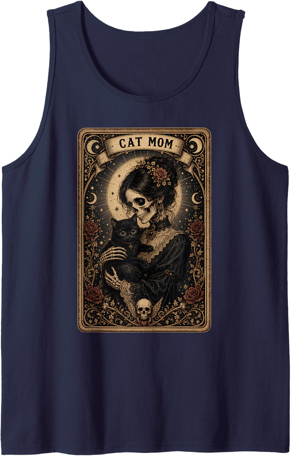 Cat Mom Gothic Tarot Card Vintage Skeleton Woman Girls Sleeveless Tank Top - Navy Blue