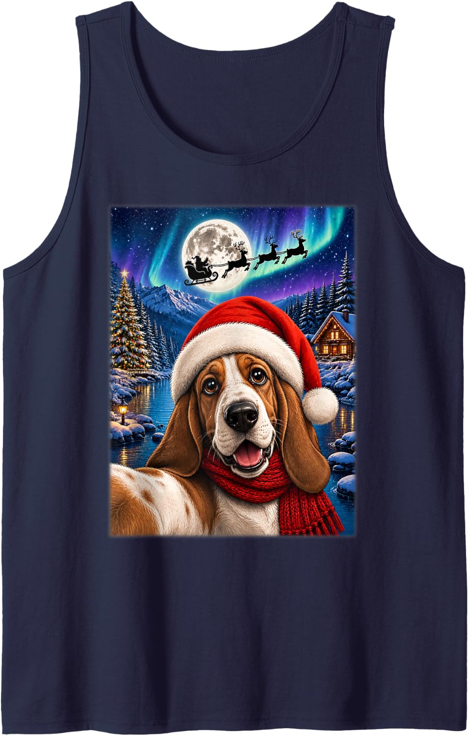 Basset Hound Dog Christmas Moon Night Santa Sleigh Xmas Tank Top - Navy Blue
