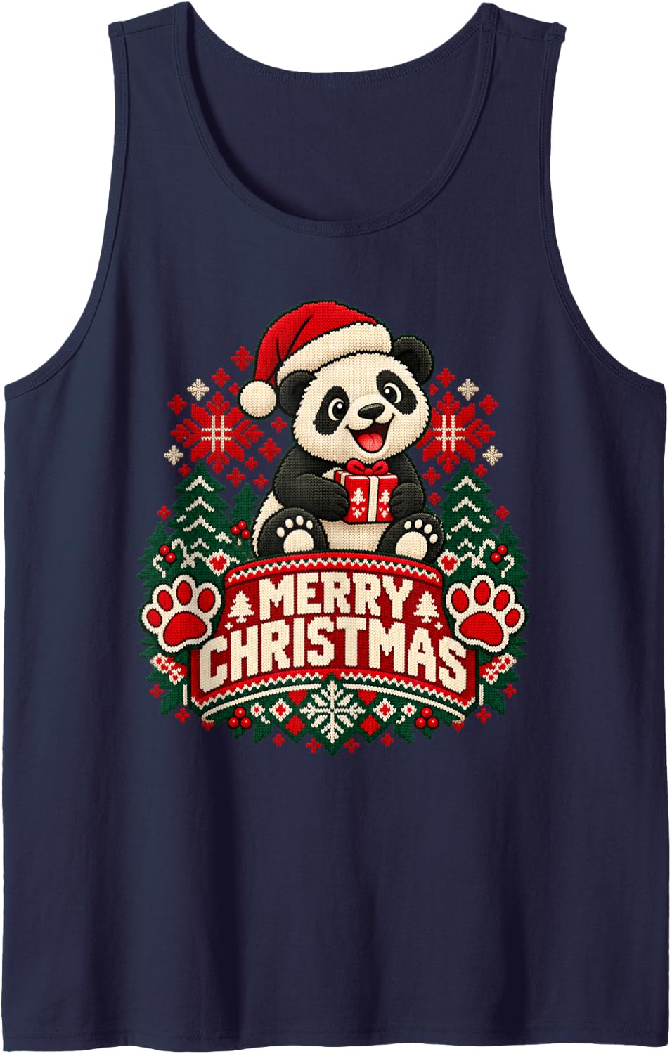 Merry Christmas Panda Cheerful Roaring Festive Winter Art Sleeveless Tank Top - Navy Blue