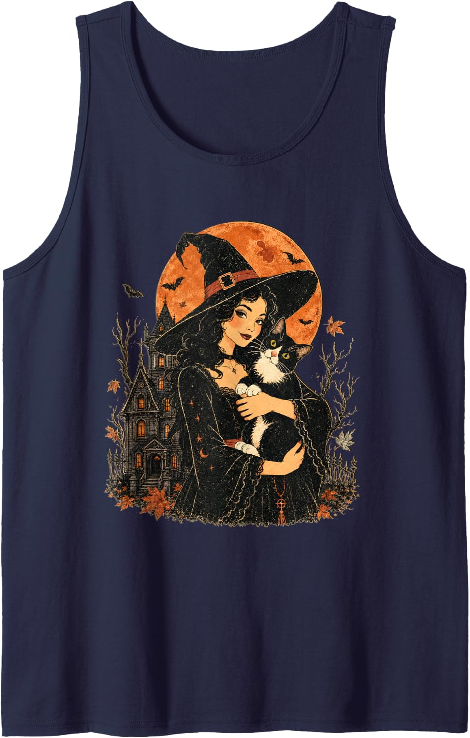 Vintage Witch Tuxedo Cat Black Halloween Witchy Moon Haunted Tank Top - Navy Blue