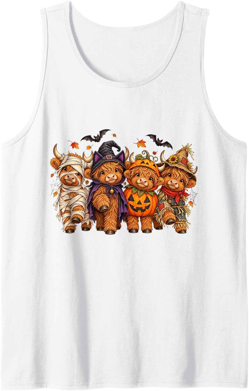 Highland Cow Halloween Costume Mummy Witch Scarecrow Calves Sleeveless Tank Top - White