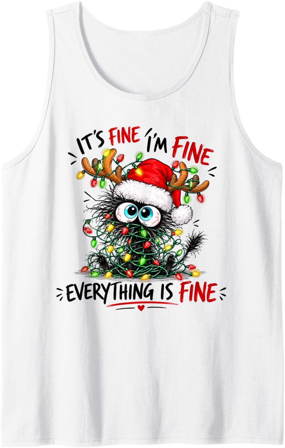 Funny Christmas Cat Black Kitty Tangled Lights Cat Mom Dad Sleeveless Tank Top - White