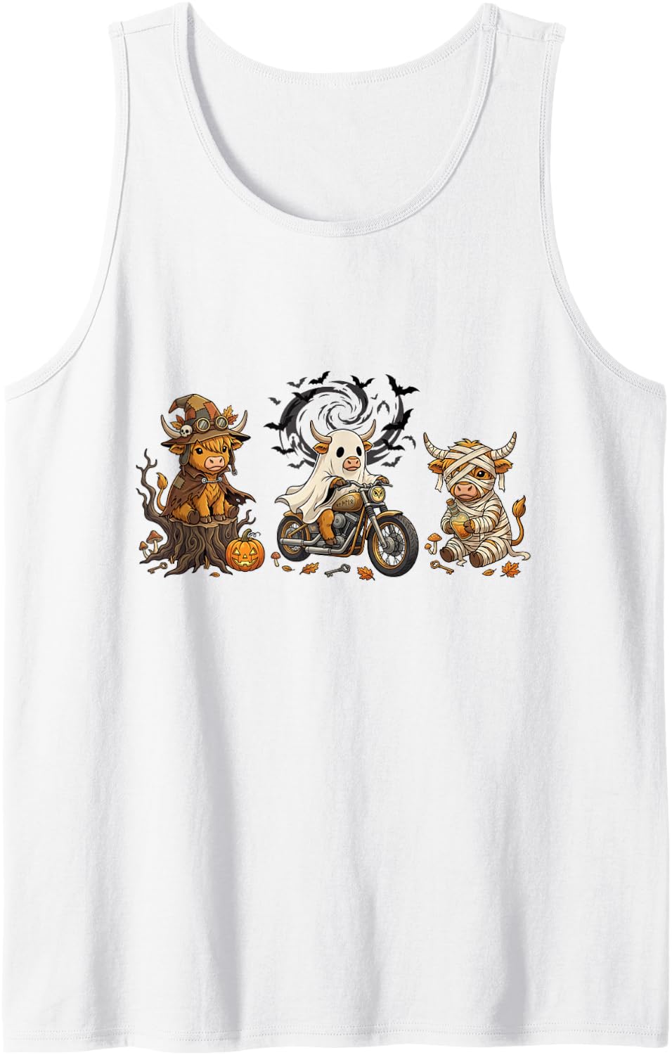 Funny Halloween Highland Cows Witch Ghost Motorcycle Mummy Tank Top - White