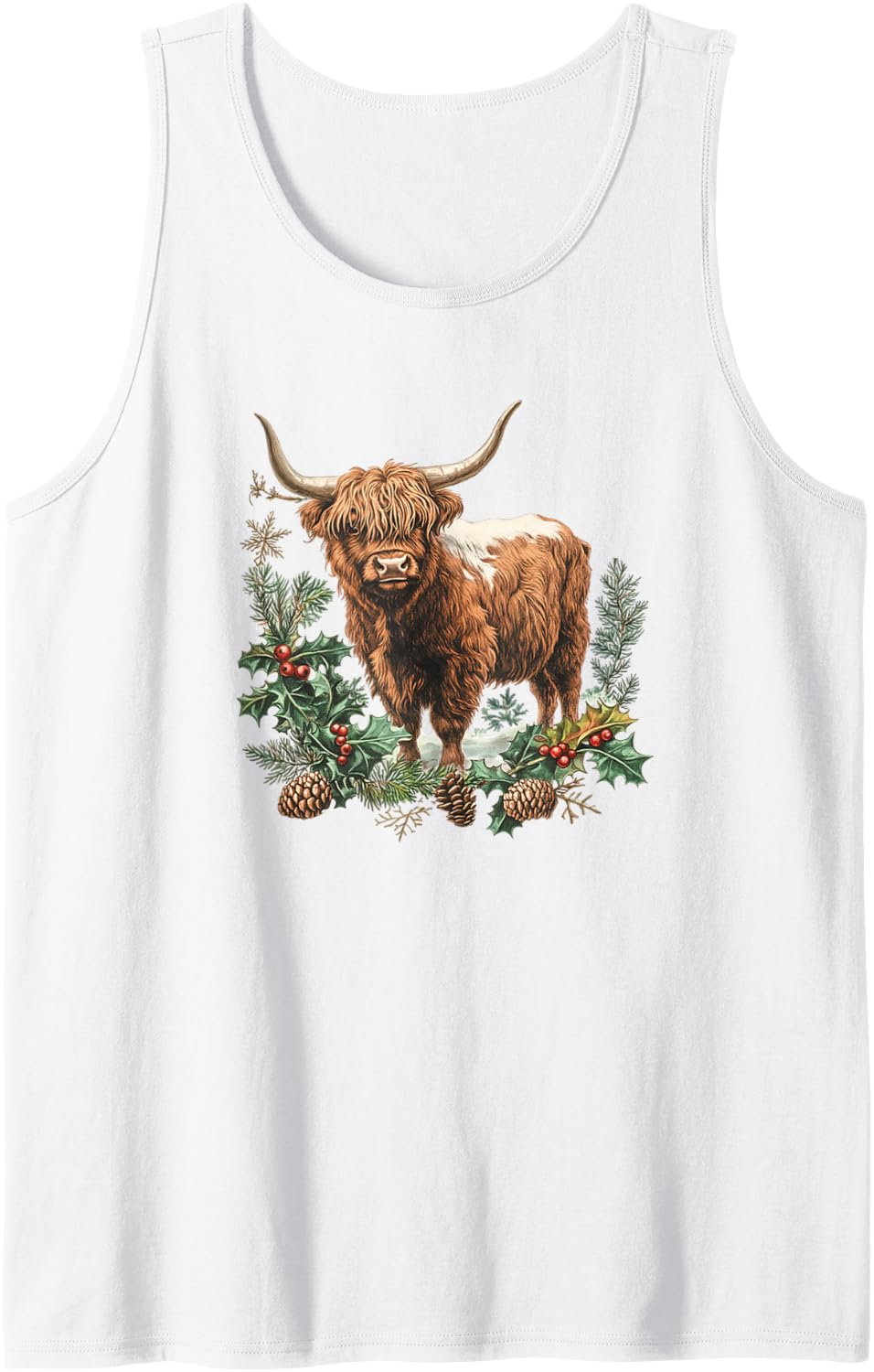 Highland Cow with Retro European Style, A Bunch of Leaves Sleeveless Tank Top - White