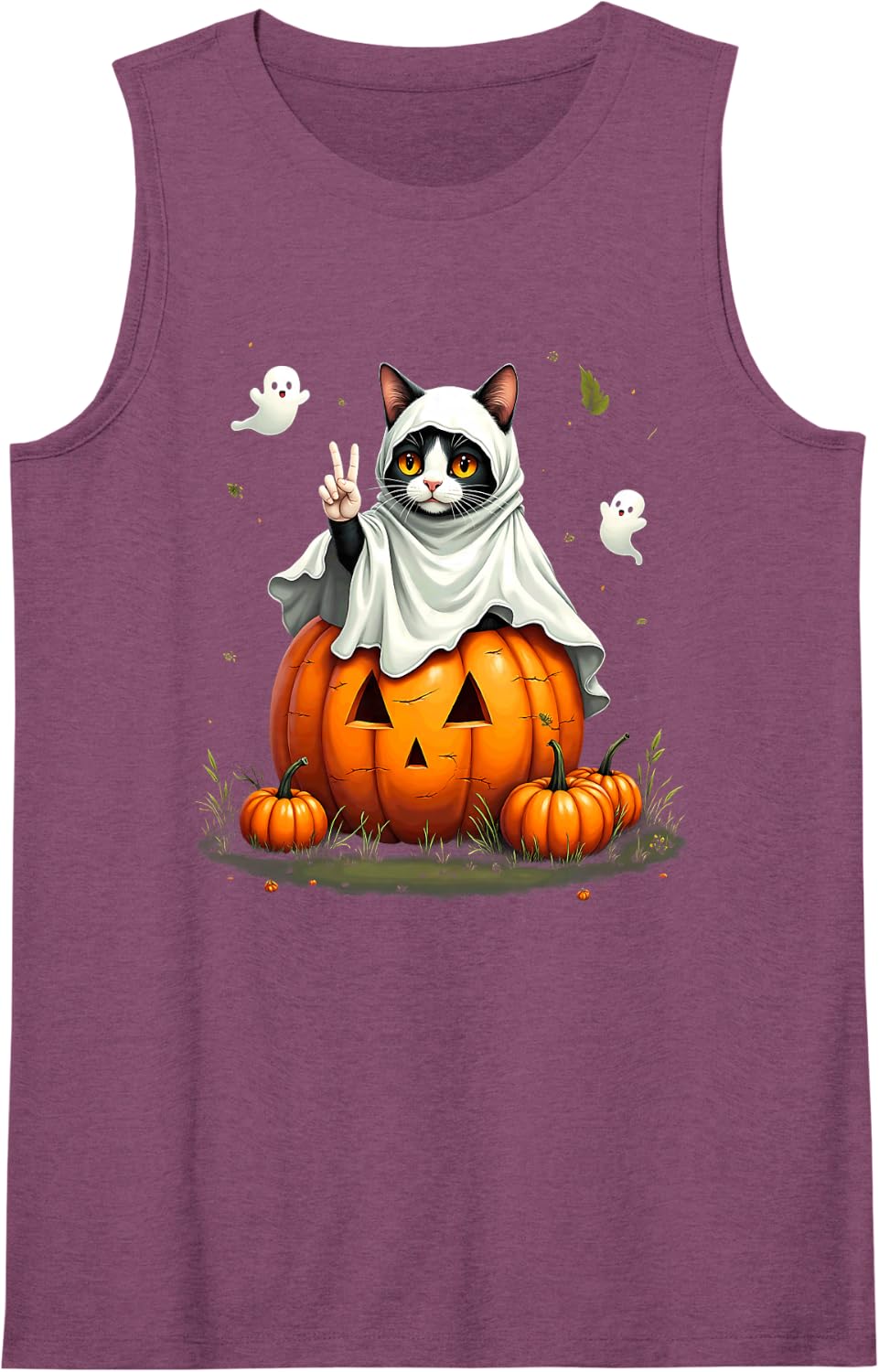 Pumpkin Boo Ghost Tuxedo Cat Halloween Costume Sleeveless Tank Top - Purple